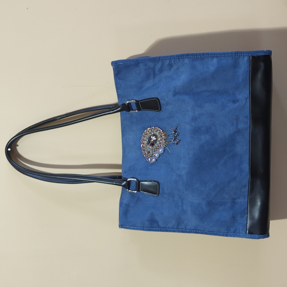 blue Bag with beaded accent handled 17 X 14